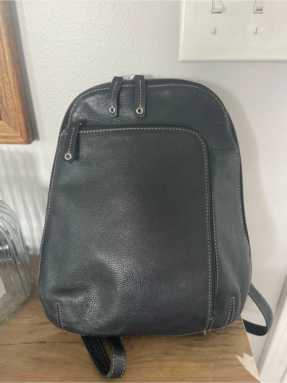 Clarks Black Pebbled Leather Backpack with Contrast Stitching